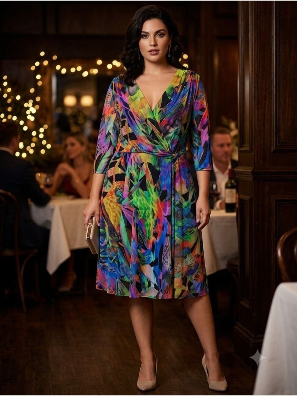 Elana Kattan Abstract Pattern V-Neck Wrap Style Dress Size XL NWT